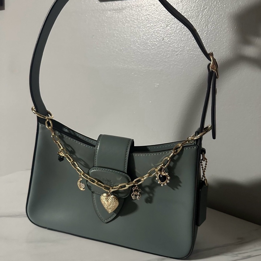 Women's Gold-Charm Shoulder Bag in Sage Green